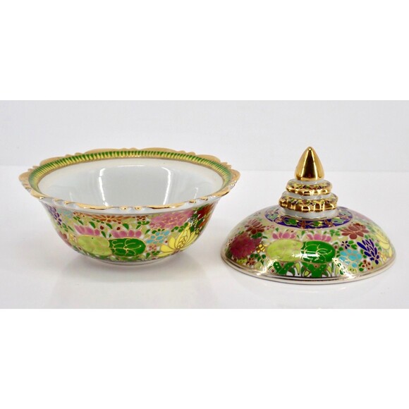 Hand Thai Painted Gold Tone Pottery BENJARONG Porcelain Cup & Lid Cloisonné 4.5" - Picture 4 of 14